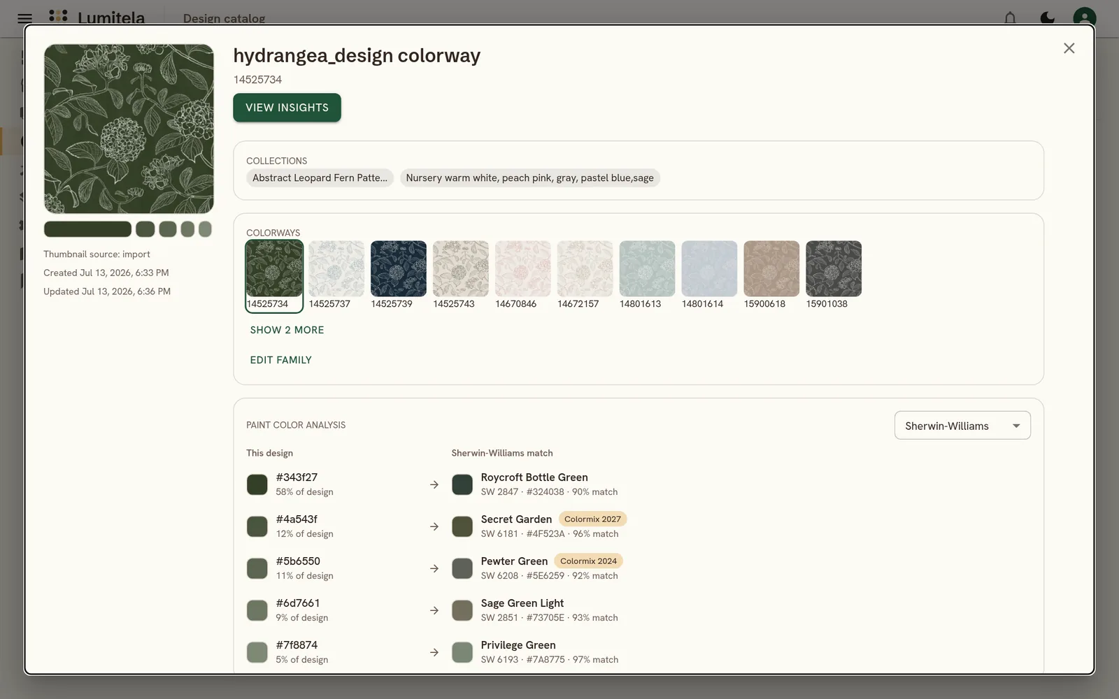 The design detail panel showing collections, the colorway family strip, and the paint color analysis matched to Farrow & Ball