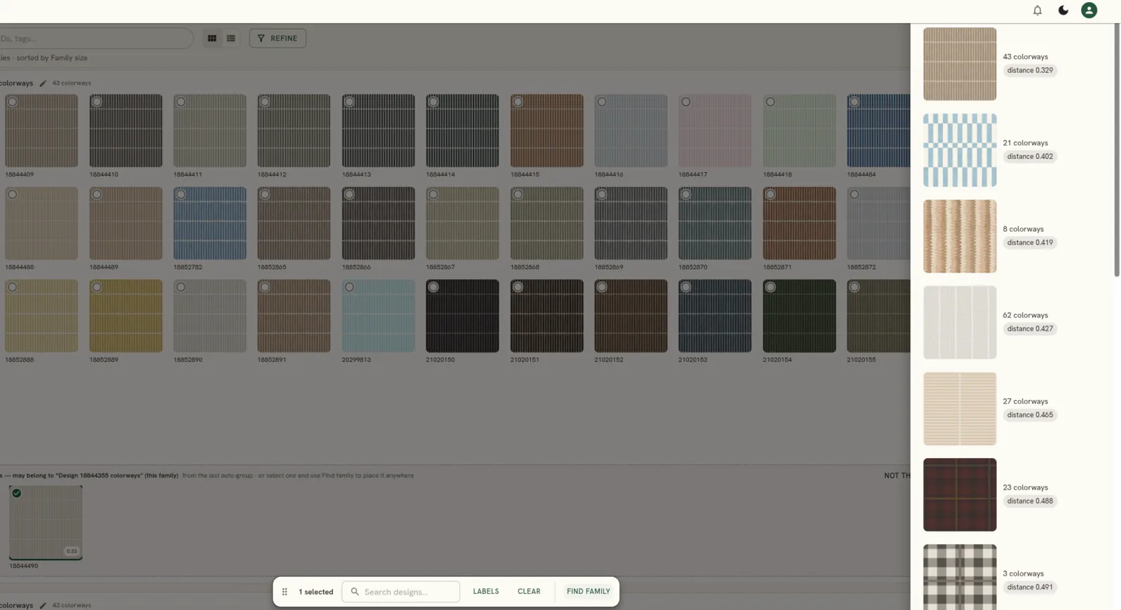 The Find family side panel ranking existing colorway families by how closely they match the selected design