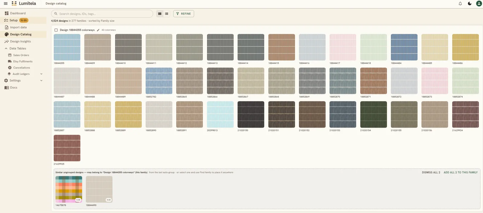The Design Catalog wall showing the search-first toolbar, a colorway family with its colorway count, and a suggestion shelf underneath