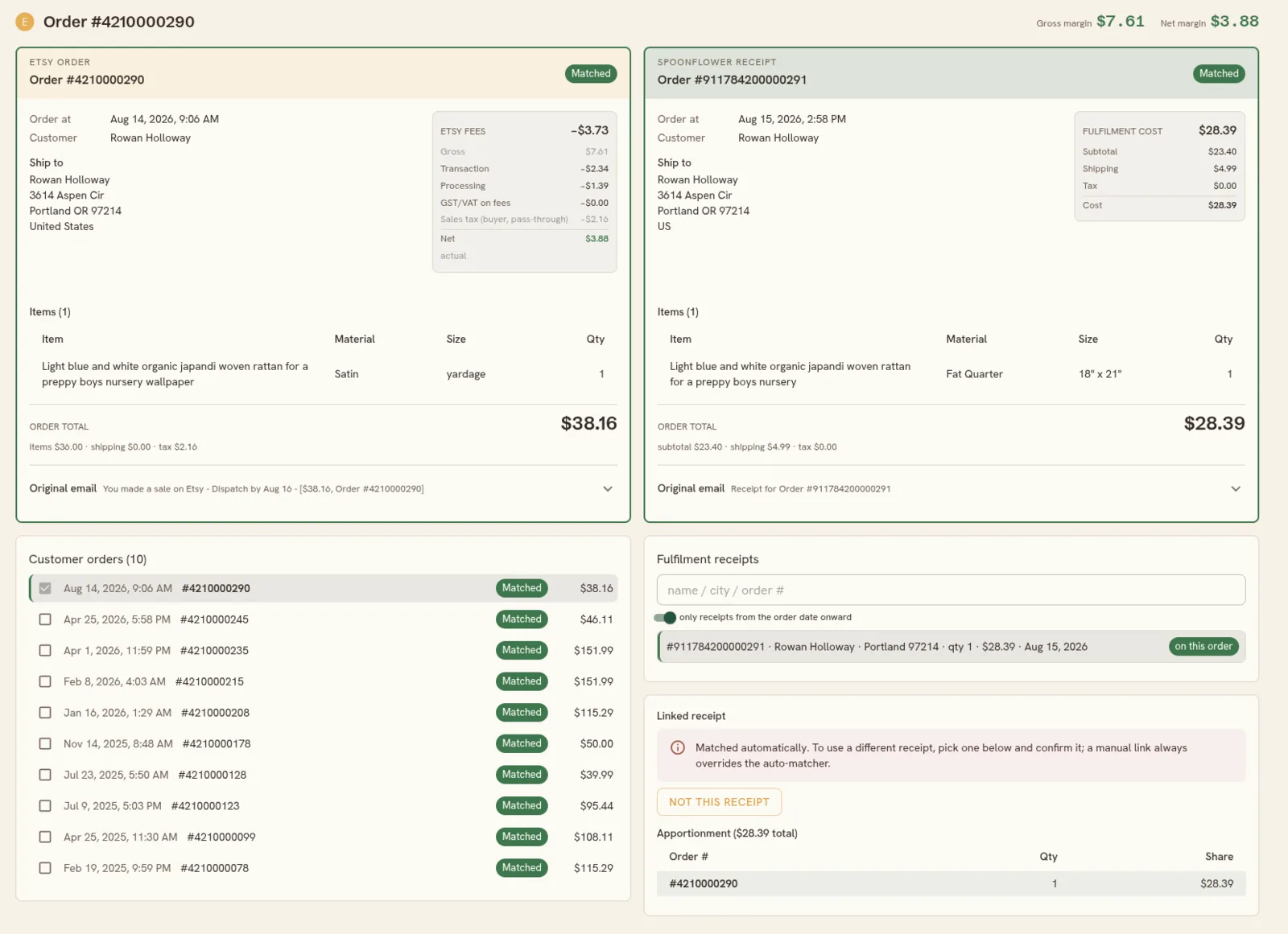 The match workspace showing a matched Etsy order and its Spoonflower receipt side by side, with the customer's other orders and the receipt search below