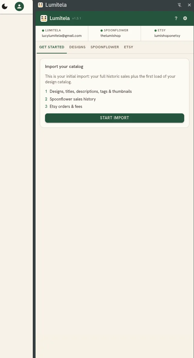 The extension's Get started tab offering the guided first import of designs, Spoonflower sales history, and Etsy orders