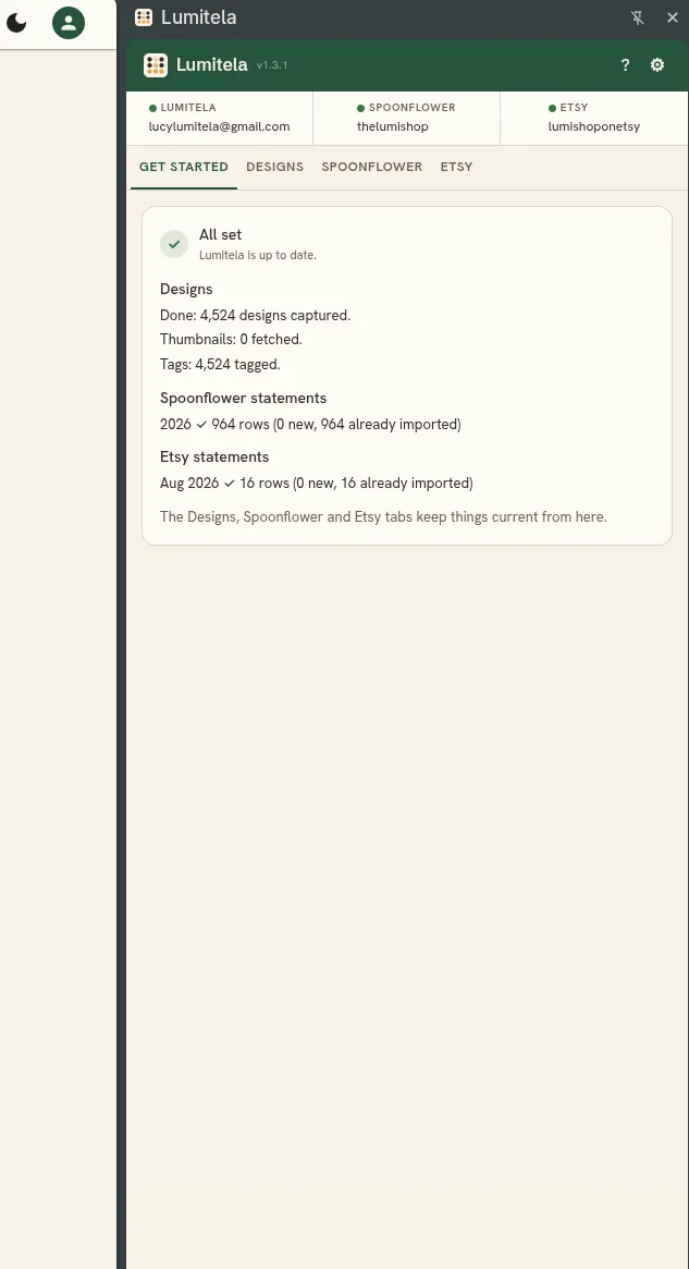 The extension's finished first import, summarizing designs captured and statement rows imported
