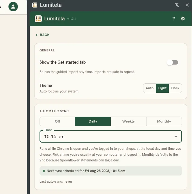 The extension settings showing the automatic sync schedule and the Get started tab toggle