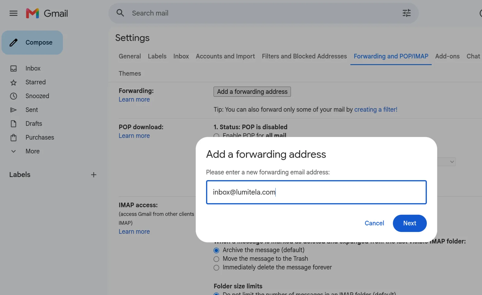 Gmail's Add a forwarding address dialog with inbox@lumitela.com entered