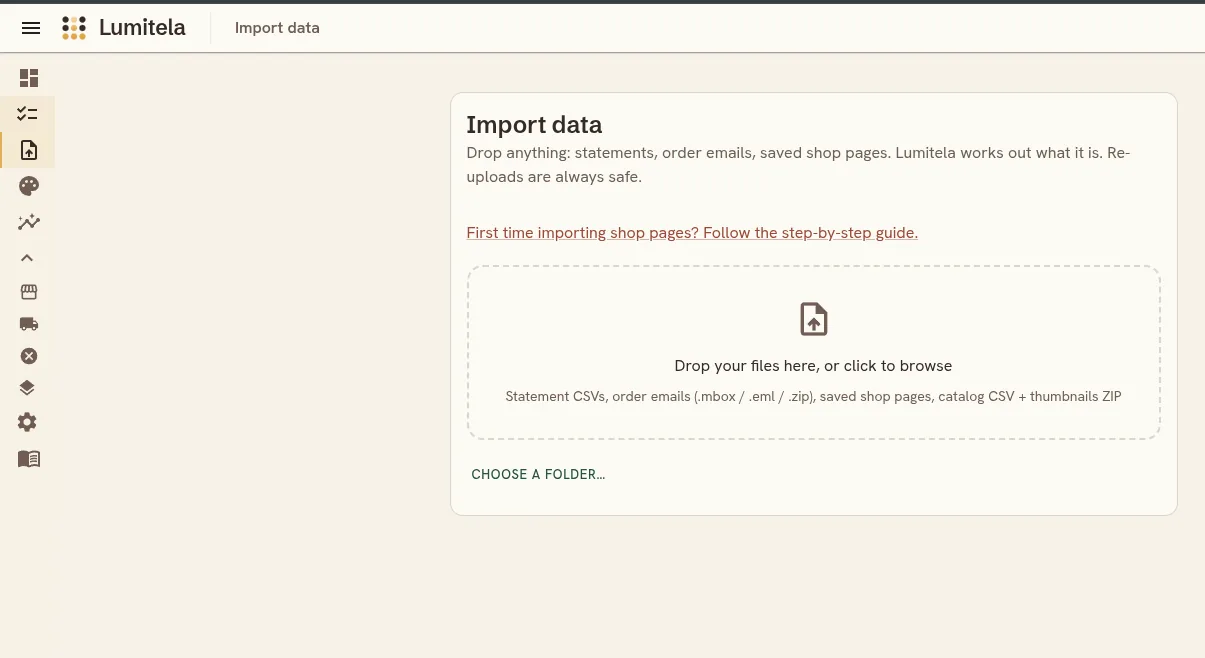 The Import data page with its dropzone, ready for statement CSVs, order email exports, and saved shop pages