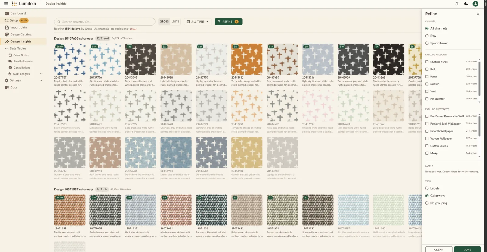 Design Insights with the Refine drawer open, showing channel, product and substrate exclusions, and the View setting