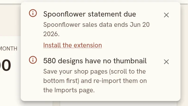 The notification bell open, listing a statement that is due and designs without thumbnails