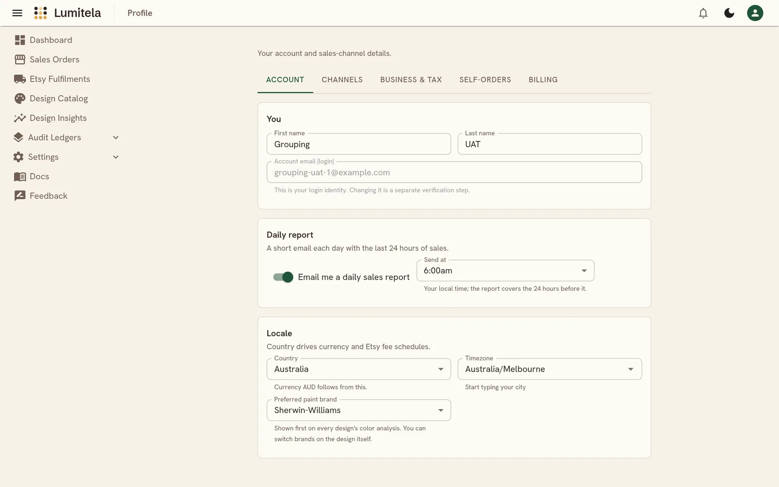 The Profile page's Account tab showing the daily report toggle and send hour, and the locale settings with the preferred paint brand