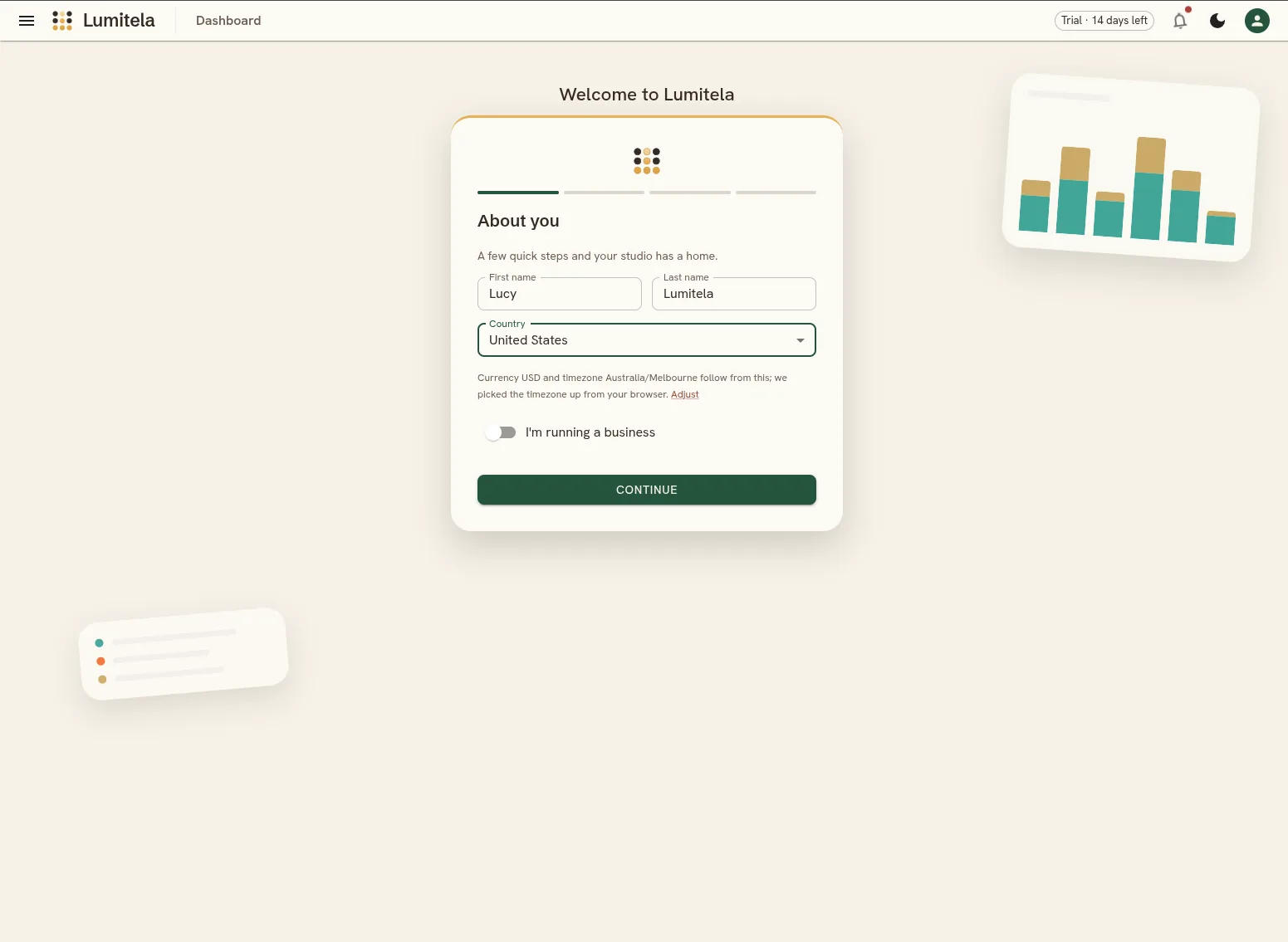 The profile setup wizard's first step, asking for first name, last name and country, with the derived currency and timezone shown underneath