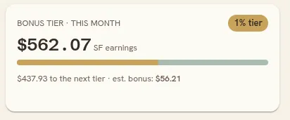 The bonus tier card showing the current tier chip, this month's earnings with the progress bar, and the estimated bonus